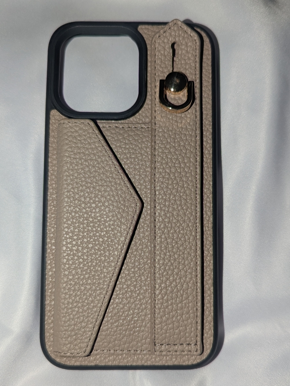 Neutral Taupe Leather Card Wallet iPhone 14 Pro Max Case with Strap